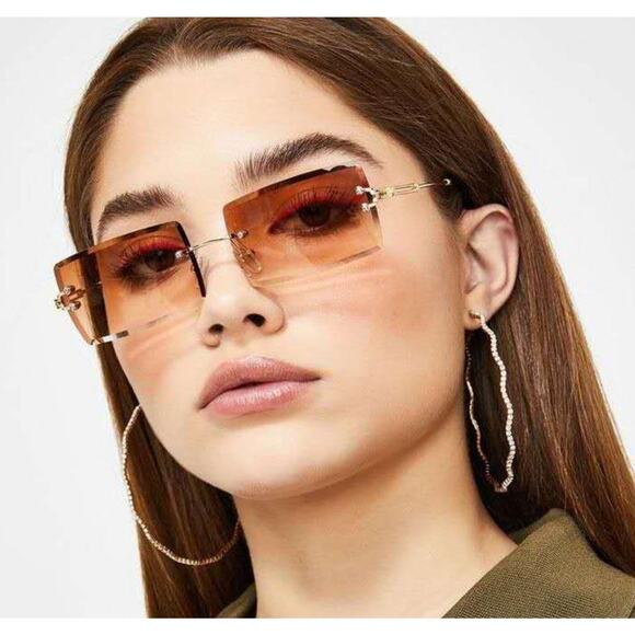 VINTAGE Rimless Rectangular Pink Tinted Fashion Sunglasses Gold Frame Unisex NEW - Picture 3 of 8